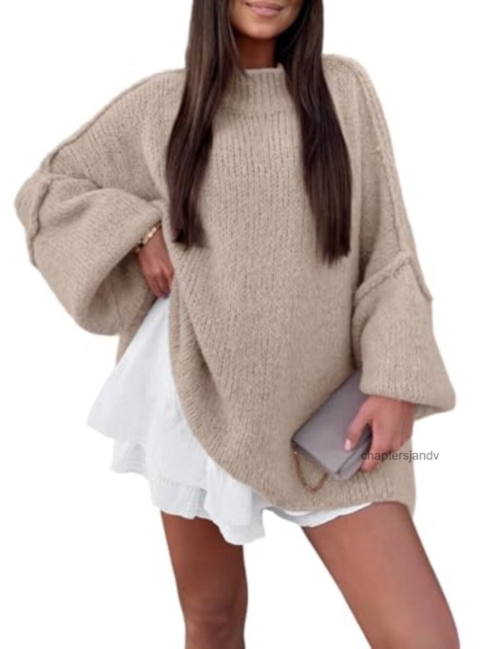 Oversized Mock Neck Batwing Chunky Knit Sweater Pullover
